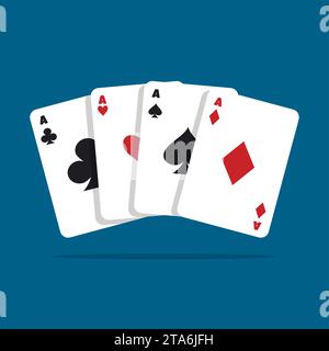 Set aus vier Assen, die Karten spielen, ist auf blauem Hintergrund. Pokerhand gewinnen. Vektorabbildung Stock Vektor