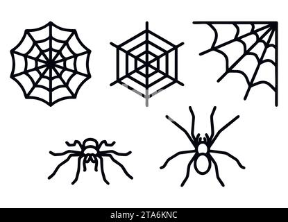 Spinnen und Spinnennetze setzen Symbole auf weißem Hintergrund. Vektorabbildung Stock Vektor