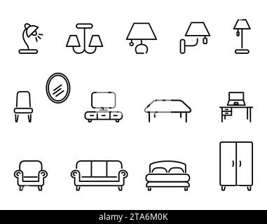 Möbelsymbole setzen den Linienstil auf weißem Hintergrund. Symbolvektor für die Hauptzeile Stock Vektor