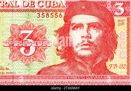 Ernesto „Che“ Guevara (1928-1967). Porträt auf dem Vintage Cuba 3 Pesos 2005. Marxistischer Revolutionär, Arzt, Autor, Guerillaführer, Diplomat, Stockfoto