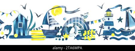 Segelboote mit Leuchtturm und Kabine, Wellen, Fisch, Anker und Rettungsschirm, blau, türkis und gelb. Aquarellabbildung handgezeichnet Stockfoto