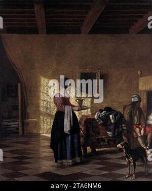 Frau mit einem Wasserkrug und ein Mann bei einem Bett 1667-70 von Pieter de Hooch Stockfoto