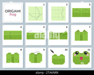 Origami-Tutorial für Kinder. Origami süßer Frosch. Stock Vektor