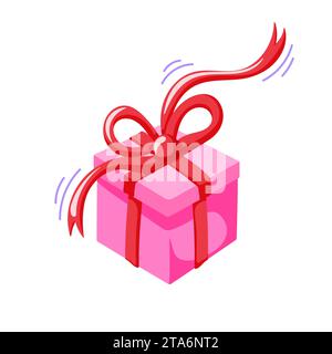 Pinke Geschenkbox im Cartoon-Stil. Geschenkbox mit roter Schleife. Vektorillustration auf weißem Hintergrund isoliert. Stock Vektor
