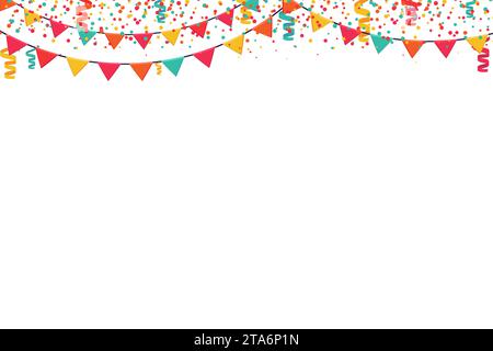 Garland aus farbigen Fahnen und horizontalem Konfetti-Banner. Karnevalspranzen Unterhaltungs-Events. Festlicher Vektor-Hintergrund in flacher Zeichentrickart auf einem Stock Vektor