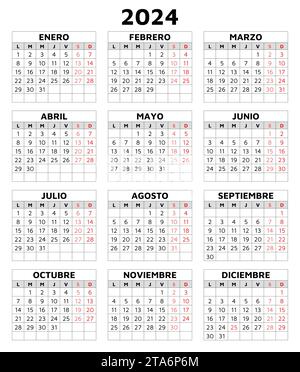 spanischer Kalender 2024. Einfache druckbare Vektorvorlage mit Rasterdarstellung in Spanien. Vertikal. Planen Sie Ihr Jahr Stock Vektor