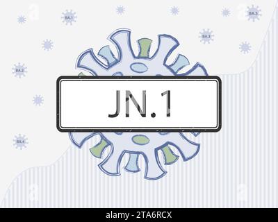 JN.1 auf dem Schild. Coronovirus mit Stachelproteinen verschiedener Farben, die Mutationen symbolisieren. Neue Omicron-Subvariante vor dem Hintergrund von covid- Stock Vektor