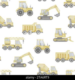 Truck Seamless Pattern Aquarellillustration. Handgezeichnete Autos auf isoliertem Hintergrund. Kinderspielzeugzeichnung. Skizze des Bautransportes für Kleidung und Stoffe für Kinder. Stockfoto