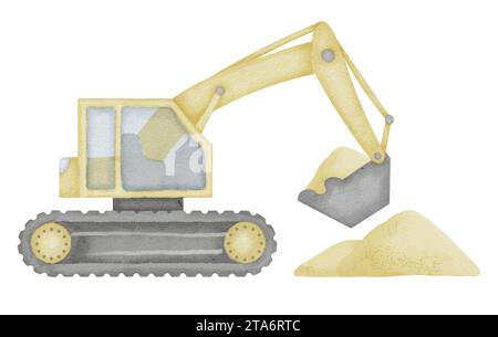 Aquarellabbildung des Baggers. Handgezeichneter Clip-Art von Digger auf isoliertem Hintergrund. Skizze des Baggerladers für Baby-Spielzeug. Loader-Zeichnung für Abdrücke auf einem Jungen-T-Shirt. Lackierung von LKW für den Bau. Stockfoto