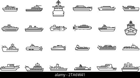 Kriegsschiff-Symbole setzen den Konturvektor. Flugzeugträger. Kriegsschiff des Militärs Stock Vektor