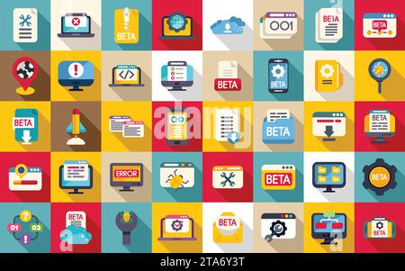 Symbole für Beta-Version legen einen flachen Vektor fest. Code-Bug erstellen. Programmier-App-Tester Stock Vektor