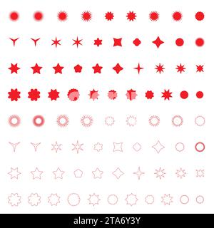 Set mit roten Starburst-Abzeichen. Leere Aufkleber für Rabattpreise, Angebotsschild. Starburst Preisaufkleber. Star Sale Banner Sonnenbrille Sprechblasen. Stock Vektor