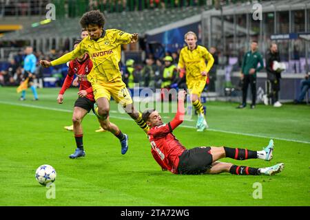 Mailand, Italien. November 2023. Karim Adeyemi (27) von Borussia Dortmund, der während des UEFA Champions League-Spiels zwischen AC Milan und Borussia Dortmund in San Siro in Mailand zu sehen war. (Foto: Gonzales Photo/Alamy Live News Stockfoto