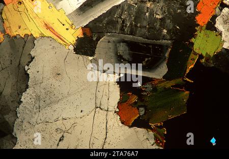 Granit ist ein magmatisches Intrusivgestein, das weit über die kontinentale Kruste verteilt ist. Photomikrograph, Dünnschnitt, polarisiertes Licht. Stockfoto