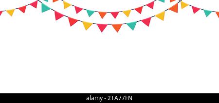 Garland aus farbigen Fahnen horizontales Banner. Karnevalspranzen Unterhaltungs-Events. Festlicher Vektor-Hintergrund in flacher Zeichentrickart auf einem weiß Stock Vektor
