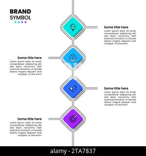 Infografik-Vorlage mit Symbolen und 4 Optionen oder Schritten. Quadrate, die durch eine Linie verbunden sind. Kann für Workflow-Layout, Diagramm, Banner und Webdesign verwendet werden. Vect Stock Vektor