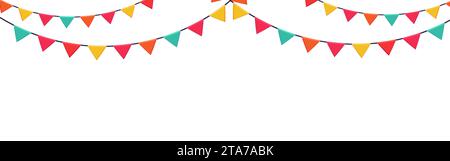 Garland aus farbigen Fahnen horizontales Banner. Festlicher Vektorhintergrund in flacher Zeichentrickart auf weißem Hintergrund Stock Vektor