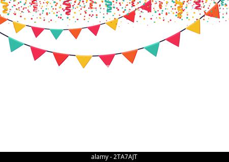 Garland aus farbigen Fahnen und horizontalem Konfetti-Banner. Karnevalspranzen Unterhaltungs-Events. Festlicher Vektor-Hintergrund in flacher Zeichentrickart auf einem Stock Vektor