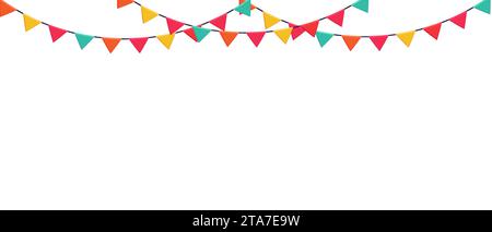Garland aus farbigen Fahnen horizontales Banner. Karnevalspranzen Unterhaltungs-Events. Festlicher Vektor-Hintergrund in flacher Zeichentrickart auf einem weiß Stock Vektor