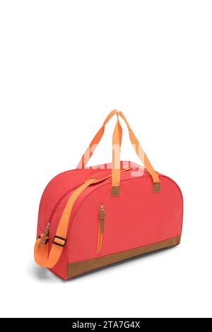 Rosa Farbe leer im Freien trendige Spaß Sport benutzerdefinierte Nylon Cross Body Schultergurt Tasche Duffle Gym Reisetaschen isoliert auf weißem Hintergrund. Modell. Stockfoto