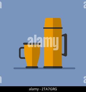 Thermos und Thermobecher in flacher Ausführung isoliert auf blauem Hintergrund. Vektorabbildung Stock Vektor