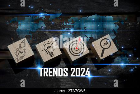 Ideen, Trends 2024 für Marketing, Technologie und Geschäftsplanung Neujahrsideen. Stockfoto