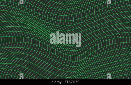 Primitive monochrome Retro Futurism Seamless Pattern. Abstraktes, brutalistisches geometrisches, gewelltes Gittermuster. Perspektivische Drahtdarstellung Querformat in Neongrün. Polygonale 3D-Oberfläche, Vektorabbildung. Stock Vektor