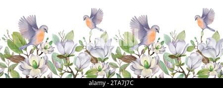 Weiße Magnolien auf isoliertem Hintergrund. Nahtloser Rand von blühenden Blumen in Aquarellfarben. Stockfoto