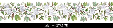 Weiße Magnolien auf isoliertem Hintergrund. Nahtloser Rand von blühenden Blumen in Aquarellfarben. Stockfoto