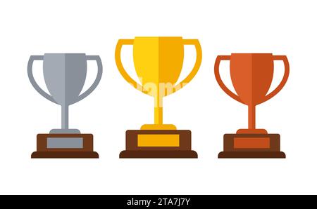 Gold, Silber und Bronze Trophäensieger Cup Set isoliert auf weißem Hintergrund. Vektorabbildung Stock Vektor