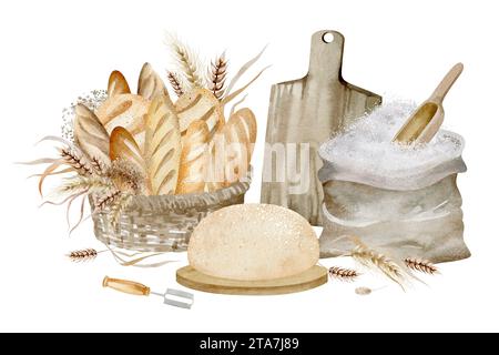 Hausgemachtes Brot und eine Tüte Mehl auf einem isolierten Hintergrund. Aquarellillustration von Backwaren und Küchenutensilien, handgezeichnet. Stockfoto