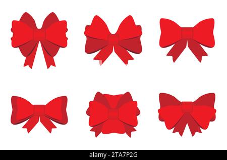Set aus roten Geschenkschleifen mit Bändern zur Dekoration von Geschenken und Überraschungen für Feiertage. Symbol „Packing Presents“ Stock Vektor