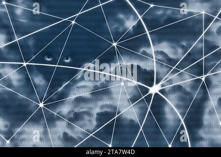 Augen beobachten die Datenübertragung über das Internet und die Speicherung in der Cloud Stockfoto