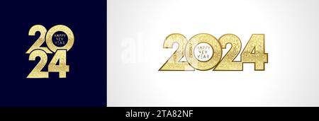 Goldenes Mosaik 2024 – Happy New Year, Zahlen-Logo. Vektorillustration mit goldenen Luxusziffern und Text. Konzepte für Grußkarte oder Banner Stock Vektor