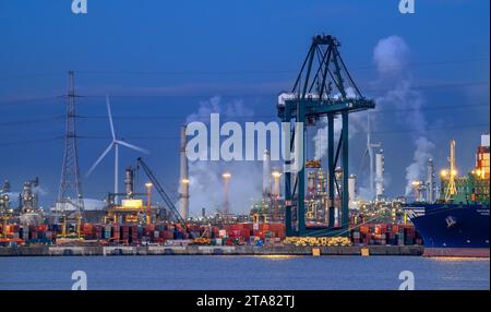 Containerterminal mit Kai mit gestapelten Containern, Portalkran/Portainerkran entlang der Westschelde im Hafen von Antwerpen, Flandern, Belgien Stockfoto