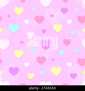 Heart Love nahtloses Muster Hintergrund rosa flach. Bunte helle valentinstag festliche 3D einfache Papercut gelb blau lila Schatten niedliche Geschenkpapier Druck Textil Grußkarte romantische Tapete Stock Vektor