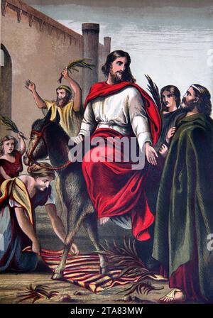 Bibelgeschichte Illustration Einzug Jesu in Jerusalem (Evangelium) Neues Testament vom Altar der Haushaltsbibel Stockfoto