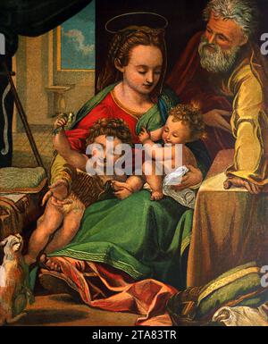 Illustration der Heiligen Familie und des jungen Johannes des Täufers Neues Testament aus dem Bild von Boroccio in der illustrierten Familienbibel Stockfoto