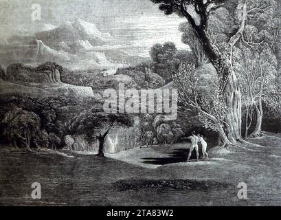 Holzgravur von Before the Fall aus dem Gemälde von John Martin K.L - Adam und Eva im Garten Eden, der auf einen Cherubim aus den Illus zeigt Stockfoto