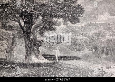 Holzgravur der Versuchung aus dem Gemälde von John Martin K.L - Eva wird von der Schlange versucht, die verbotene Frucht vom Baum K zu essen Stockfoto