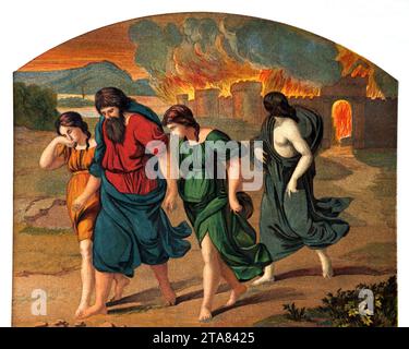 Illustration der Flucht Lots und seiner Familie aus Sodom mit der Zerstörung von Sodom und Gomorra dahinter (Genesis) aus der illustrierten Familienbibel Stockfoto