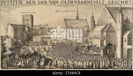 Die enthauptung von Johan van Oldenbarnevelt - Onthoofding van Oldenbarnevelt (Iustitie aen Ian van Oldenbarnevelt geschiet) (1619, Claes Jansz. Visscher). Stockfoto