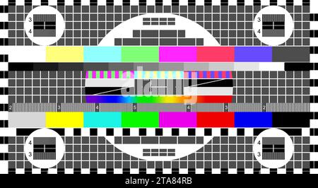 Kein Signal-TV, TV-Testbildschirm, falls kein Signal vorhanden ist. Testkarte oder -Muster, Hintergrund für TV-Auflösung Testdiagramme. Vektorabbildung. Stock Vektor