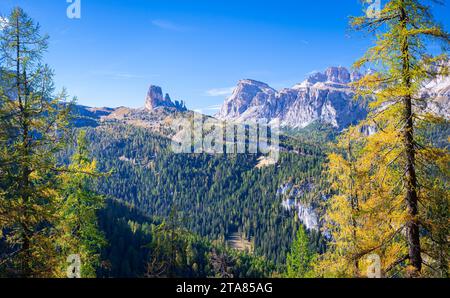 Herrlicher Blick auf die majestätischen Berge und Wälder in den Dolomiten, Italien an einem klaren sonnigen Tag im Oktober. Stockfoto