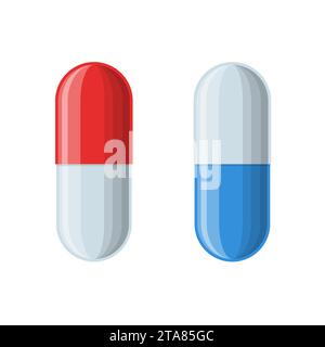 Medizinische rote und blaue Kapseln isoliert auf weißem Hintergrund. Apotheke und Arzneimittelsymbole. Ikonen der Pille. Medizinische Vektor-Illustration. Stock Vektor