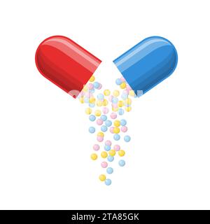 Offene medizinische Kapsel mit herabfallenden kleinen Kugeln von Arzneimittelmedizin. Apotheke und Arzneimittelsymbole. Ikonen der Pille. Medizinisch Stock Vektor