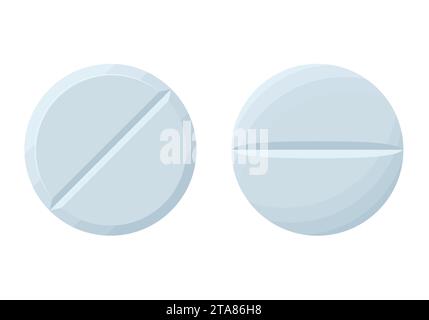 Weiße Arzneimittelpillen oder Tabletten isoliert auf weißem Hintergrund. Pharmazeutische Tablettenchemie. Medizin rund um weiße Heilpillen, Aspirin Stock Vektor