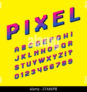 Pixel-Alphabet-Schriftzeichen Buchstaben und Zahlen setzen Computerspiele im Retro-8-Bit-Stil. Moderne, stilvolle Schriftart oder Schriftart für Schlagzeilen- oder Schlagzeilen Stock Vektor