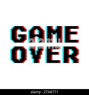 Spiel-over in Retro-Pixel-Art-Design Glitch und Rauschen Stil isoliert auf weißem Hintergrund. Konzept des Levelfinals im virtuellen Gaming Stock Vektor
