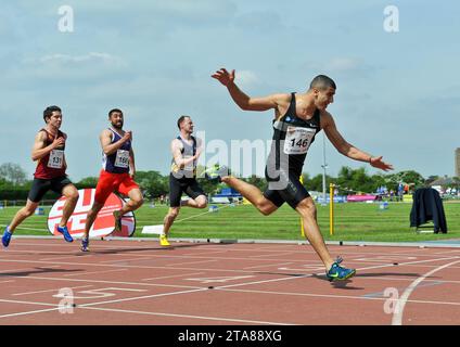 Adam Gemili (East London University), der in der U23 100 m bei den BUCS (British Universities and Colleges Sport) Championships, Bedford Athl, antrat Stockfoto